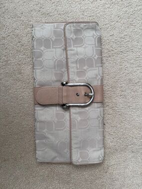 BCBGMaxAzria Beige and Taupe Logo Clutch with Buckle